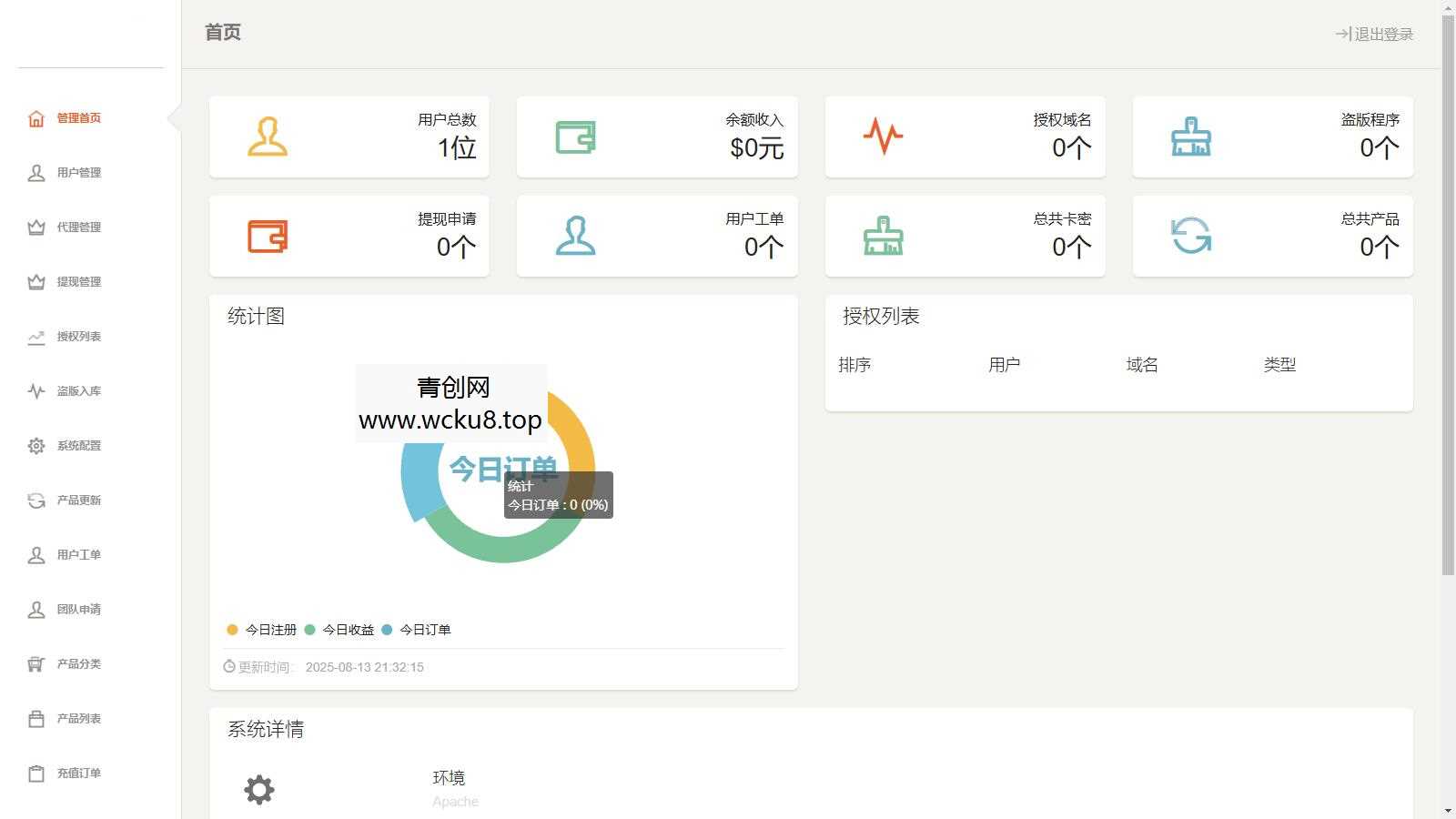 20260412085750-69db5e8ece0c6.jpg PHP域名授权系统网站授权授权管理工单系统精美UI支付系统团队合作代理返利发卡系统