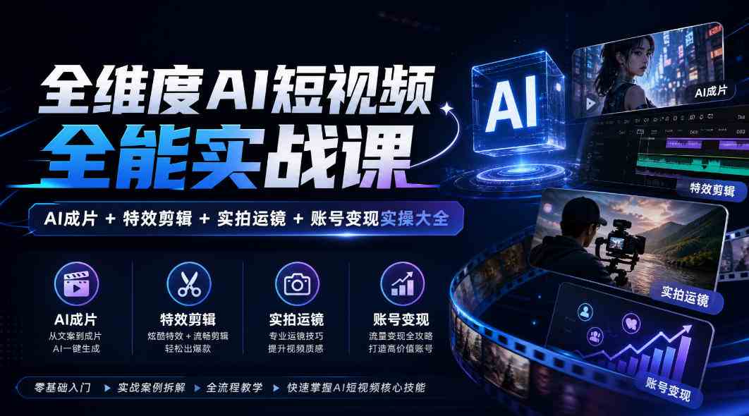 全维度AI短视频全能实战课,AI成片+特效剪辑+实拍运镜+账号变现实操大全-毅衡部落