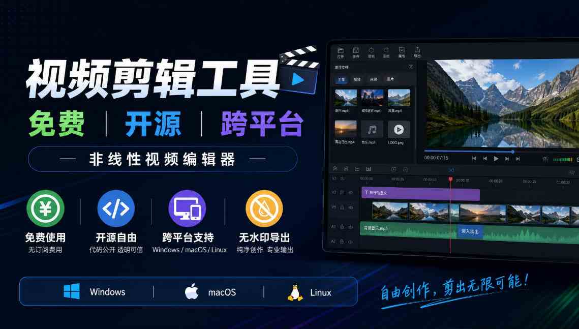 20261003030610-6ac07122a3921.jpg 视频剪辑工具,免费、开源、跨平台,非线性视频编辑器,支持Windows、macOS、Linux,无水印、无订阅费用