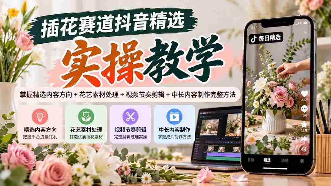 (20775期)插花赛道抖音精选实操教学:掌握精选内容方向+花艺素材处理+视频节奏剪辑+中长内容制作完整方法-毅衡部落