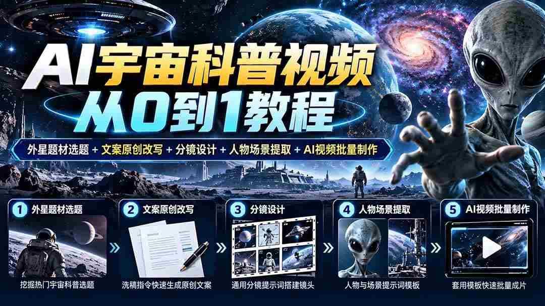(20774期)AI宇宙科普视频从0到1教程|外星题材选题+文案原创改写+分镜设计+人物场景提取+AI视频批量制作-毅衡部落