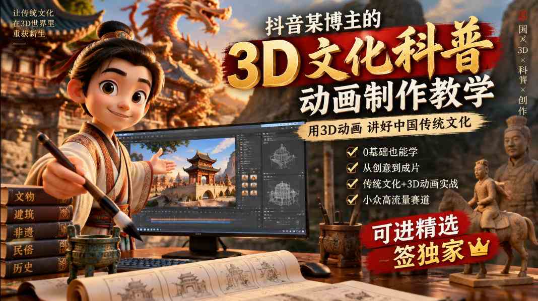 20261003070018-6ac0a802d45ac.jpg 抖音某博主的3D文化科普动画制作教学,用3D动画呈现中国传统文化,可进精选签独家,单日收益1k+