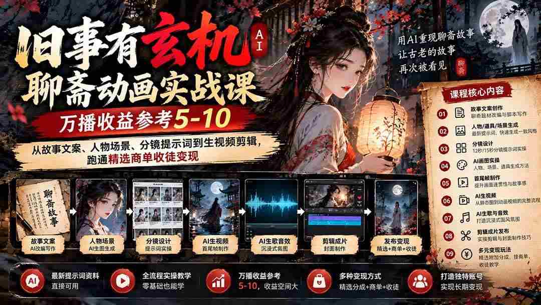 (20789期)旧事有玄机AI聊斋动画实战9月新课:万播收益参考5-10,从故事文案、人物场景到分镜生视频,跑通精选商单收徒-毅衡部落