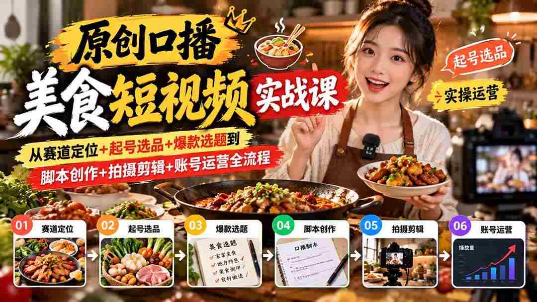 (20786期)原创口播美食短视频实战课:从赛道定位+起号选品+爆款选题到脚本创作+拍摄剪辑+账号运营全流程-毅衡部落
