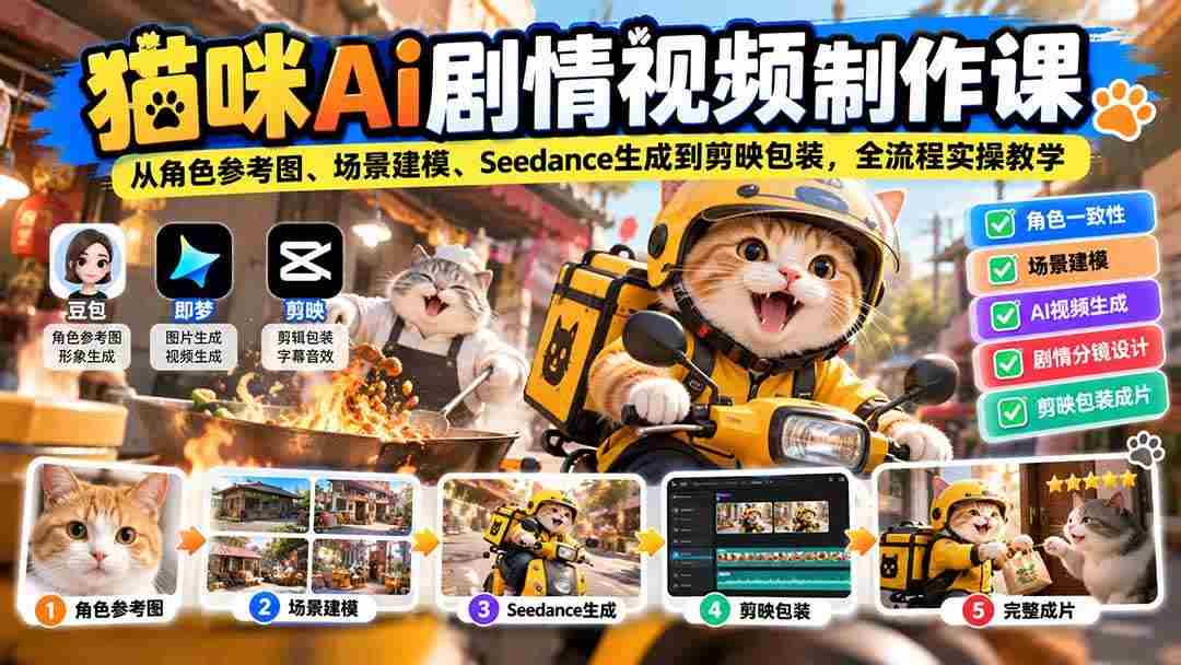 20261003130015-6ac0fc5f13021.jpg (20793期)猫咪AI剧情视频制作课:从角色参考图、场景建模、Seedance生成到剪映包装,全流程实操教学