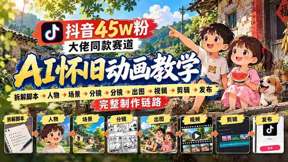 20261003130021-6ac0fc65a336a.jpg (20781期)抖音45W粉大佬同款赛道AI怀旧动画教学:拆解脚本→人物→场景→分镜→出图→视频→剪辑→发布完整制作链路