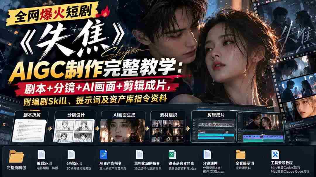 (20805期)全网爆火短剧《失焦》AIGC制作完整教学:剧本+分镜+AI画面+剪辑成片,附编剧Skill、提示词及资产库指令资料-毅衡部落