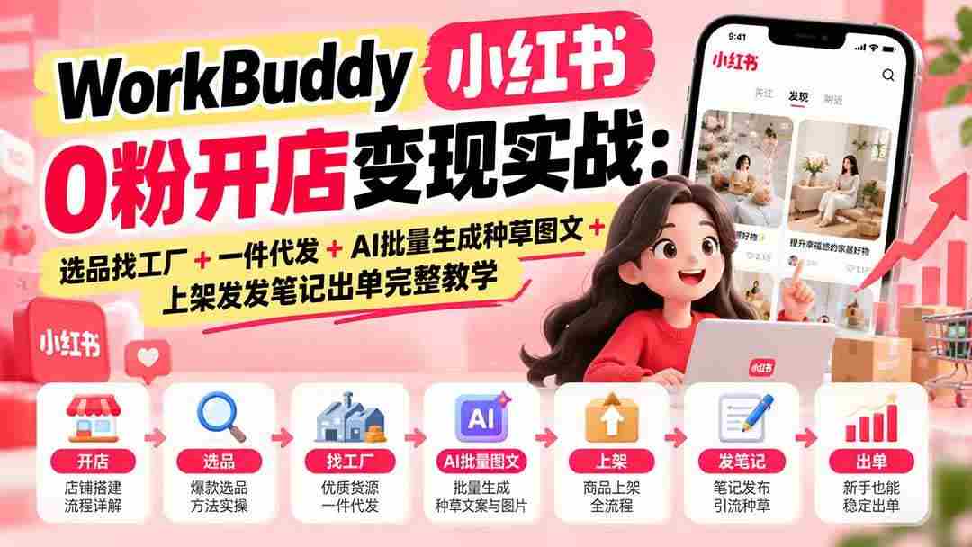 (20801期)WorkBuddy小红书0粉开店变现实战:选品找工厂+一件代发+AI批量生成种草图文+上架发发笔记出单完整教学-毅衡部落
