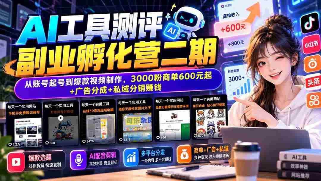 (20799期)AI工具测评副业孵化营二期:从账号起号到爆款视频制作,3000粉商单600元起+广告分成+私域分销赚钱-毅衡部落