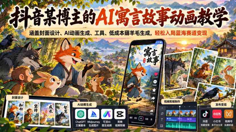 20261005030008-6ac312b8bba0f.jpg 抖音某博主的AI寓言故事动画教学,涵盖封面设计、AI动画生成、工具、低成本薅羊毛生成,轻松入局蓝海赛道变现