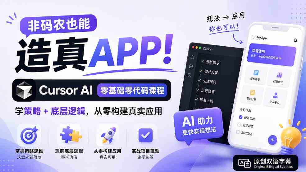 非码农也能造真APP!Cursor AI零基础零代码课程:学策略+底层逻辑,从零构建真实应用【原创双语字幕】-毅衡部落