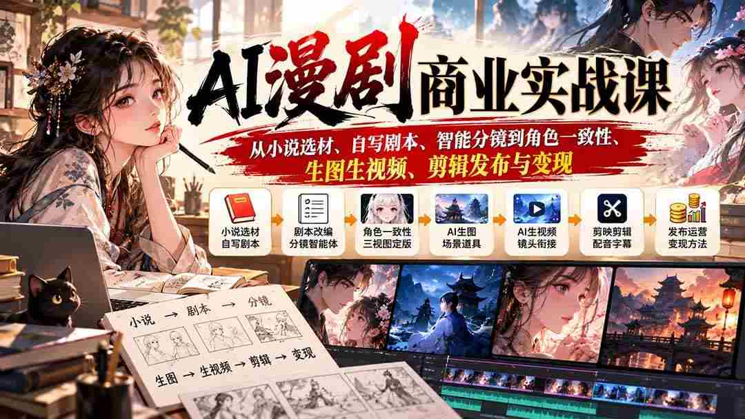 20261005030034-6ac312d200088.jpg (20811期)AI漫剧商业实战课:从小说选材、自写剧本、智能分镜到角色一致性、生图生视频、剪辑发布与变现