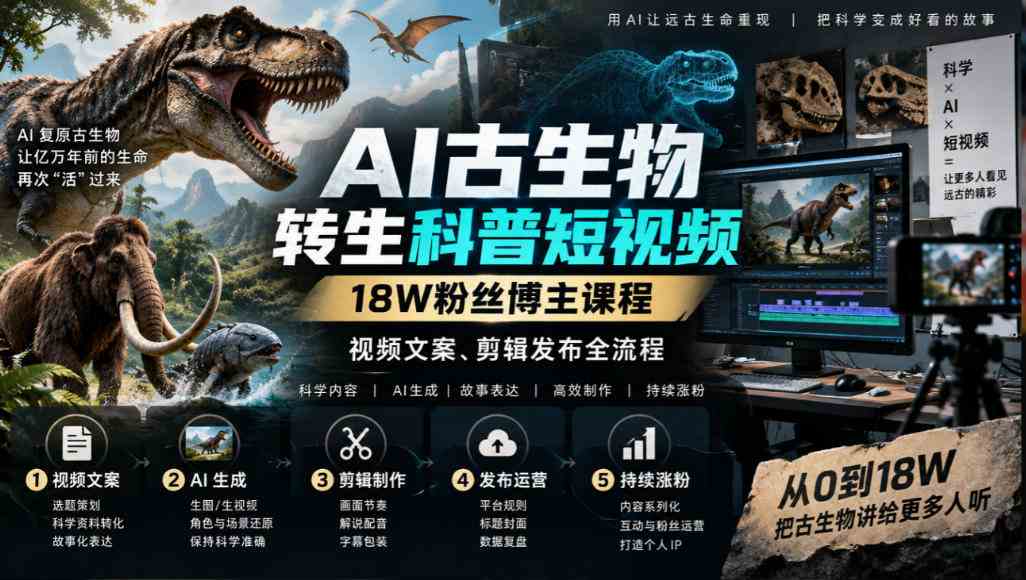 AI古生物转生科普短视频,18W粉丝博主课程,视频文案、剪辑发布全流程-毅衡部落