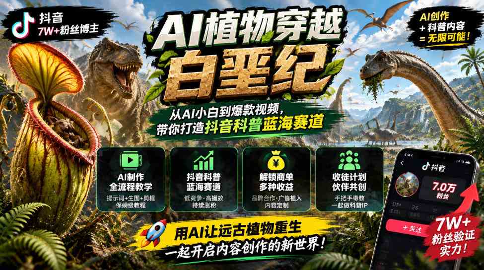 抖音7W粉丝博主的AI植物穿越白垩纪教学,抖音科普蓝海赛道,解锁商单收徒伙伴计划等多种收益-毅衡部落