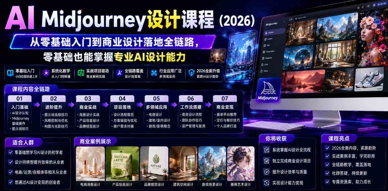20261007072649-6ac5f439a2459.jpg AI Midjourney设计课程(2026),从零基础入门到商业设计落地全链路,零基础也能掌握专业AI设计能力(更新1007)