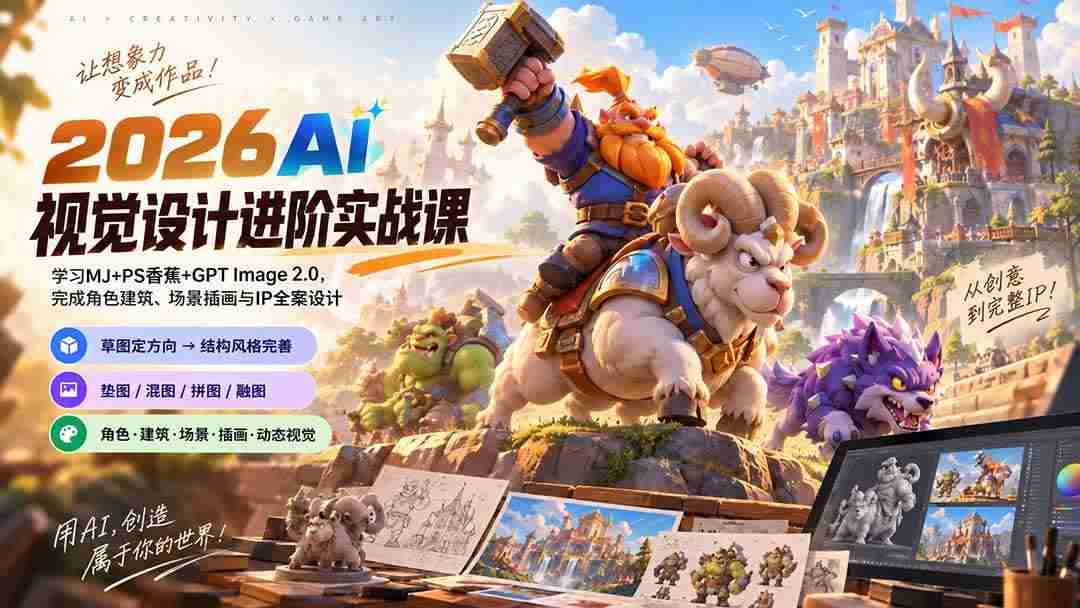 20261007072657-6ac5f4418f280.jpg (20852期)2026AI视觉设计进阶实战课-更新1007:学习MJ+PS香蕉+GPT Image 2.0,完成角色建筑、场景插画与IP全案设计