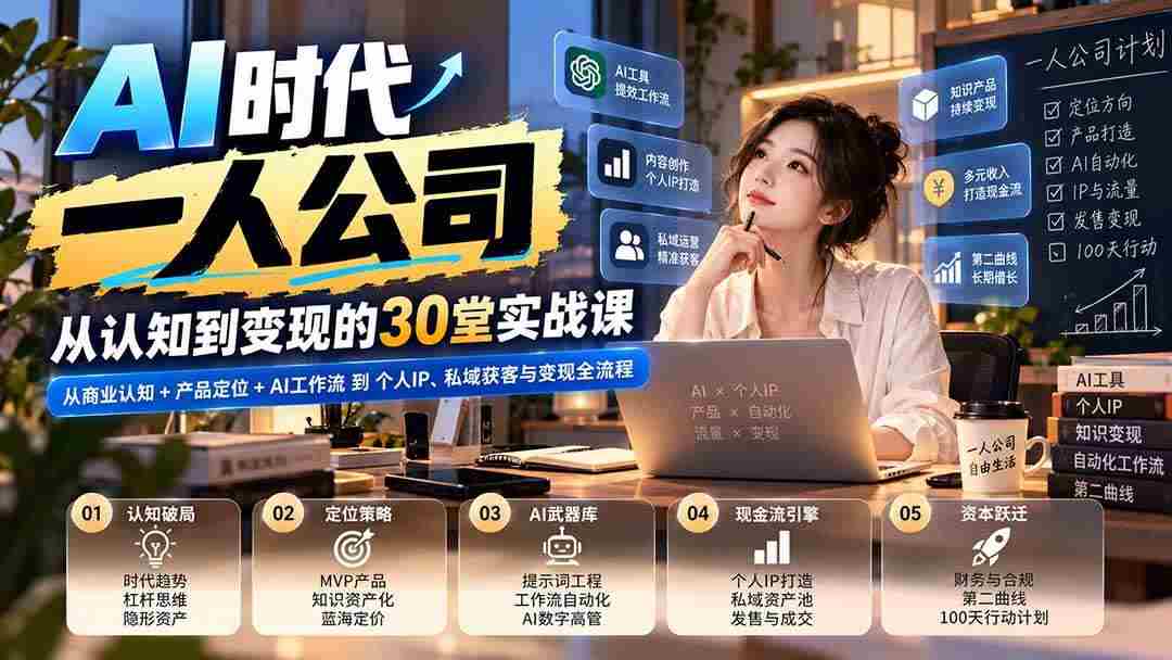 20261007072710-6ac5f44ec7b14.jpg (20847期)【无水印】AI时代一人公司30堂实战课:从商业认知+产品定位+AI工作流到个人IP、私域获客与变现全流程