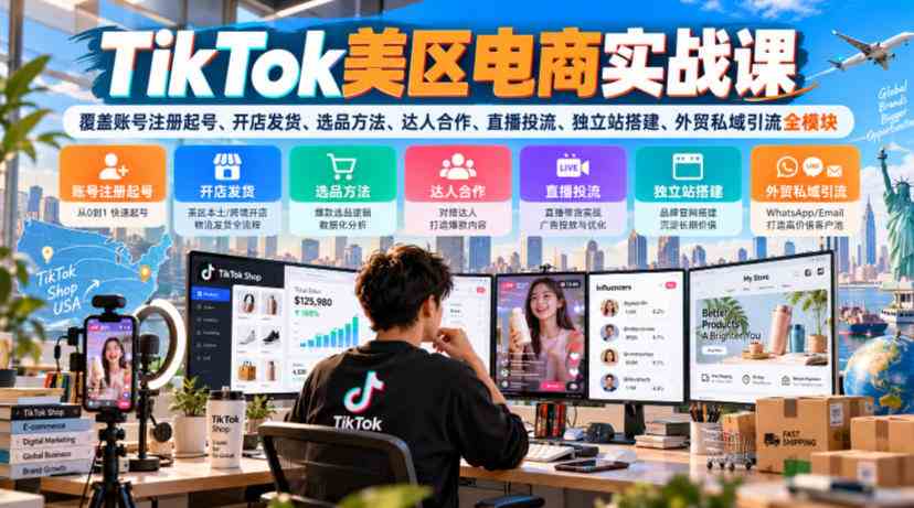 TikTok美区电商实战课,覆盖账号注册起号、开店发货、选品方法、达人合作、直播投流、独立站搭建、外贸私域引流全模块-毅衡部落