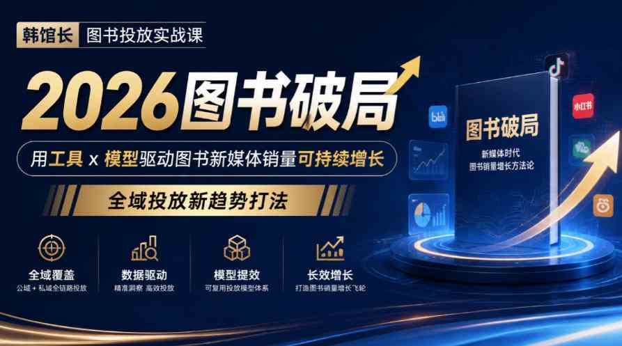 20261009023943-6ac853efdb2c1.jpg 韩馆长图书投放实战课|2026图书破局,用工具x模型驱动图书新媒体销量可持续增长,全域投放新趋势打法