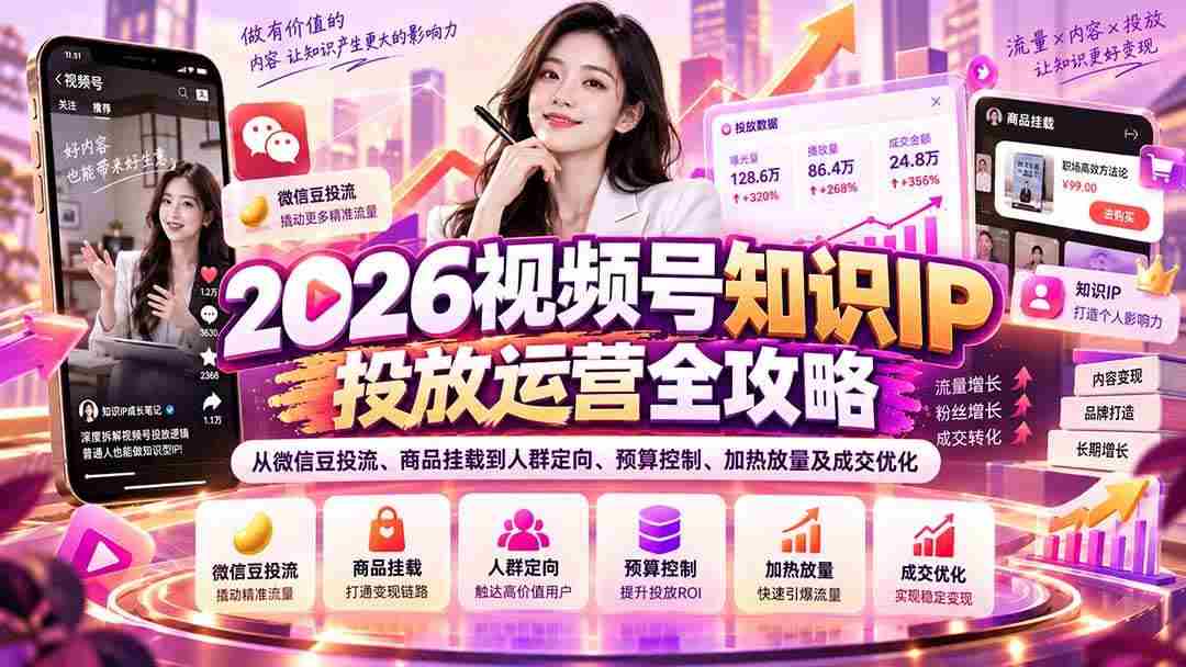 20261009040013-6ac866cdd2a54.jpg (20860期)2026视频号知识IP投放运营全攻略:从微信豆投流、商品挂载到人群定向、预算控制、加热放量及成交优化