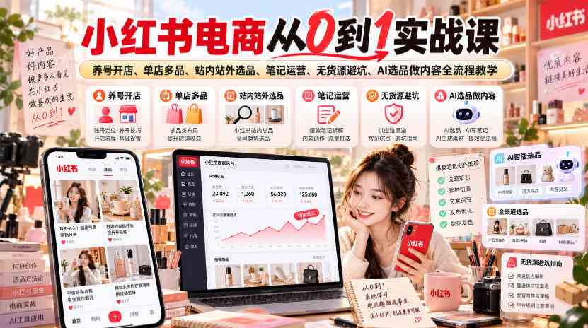20261009070004-6ac890f47b398.jpg 小红书电商从0到1实战课|养号开店、单店多品、站内站外选品、笔记运营、无货源避坑、AI选品做内容全流程教学