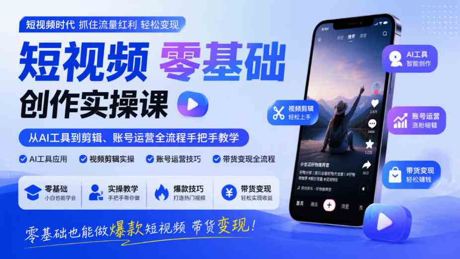 20261009070010-6ac890fabc493.jpg 短视频零基础创作实操课,从AI工具到剪辑、账号运营全流程手把手教学,零基础也能做爆款短视频带货变现