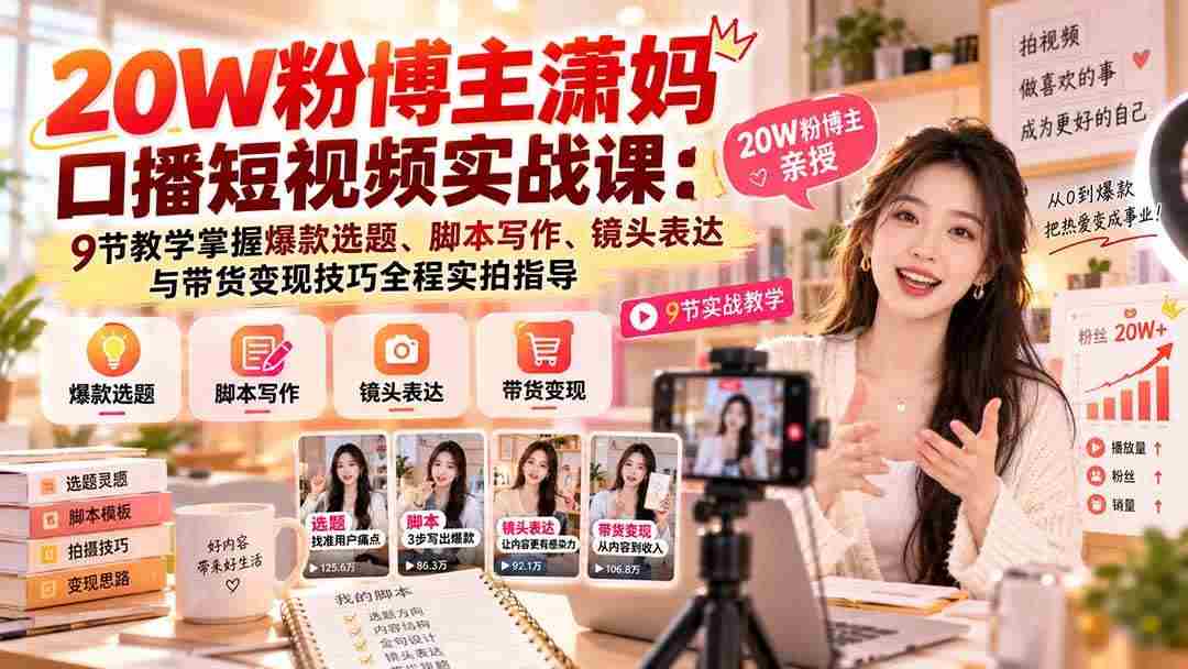 20261009070017-6ac8910171f6e.jpg (20867期)20W粉博主潇妈口播短视频实战课:9节教学掌握爆款选题、脚本写作、镜头表达与带货变现技巧实拍指导