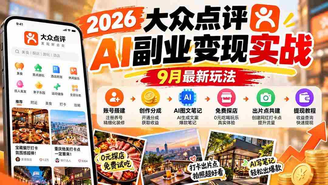(20873期)2026大众点评AI副业变现实战9月最新玩法:账号搭建+创作分成+AI图文笔记+免费探店+出片点共建与提现教程-毅衡部落