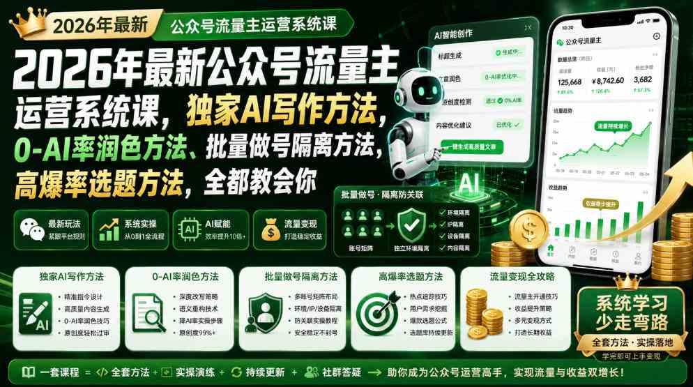 2026年最新公众号流量主运营系统课,独家AI写作方法,0-AI率润色方法、批量做号隔离方法、高爆率选题方法,全都教会你(更新1009)-毅衡部落