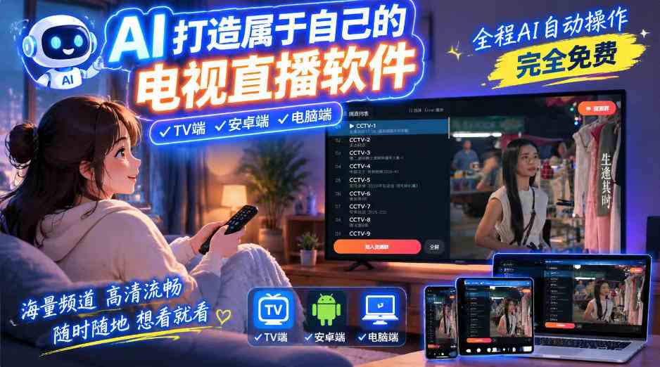 20261010070010-6ac9e27a76df7.jpg 一个提示词,AI全自动做出电视直播软件,电脑、安卓、电视三端通用,完全免费,画质流畅不卡顿