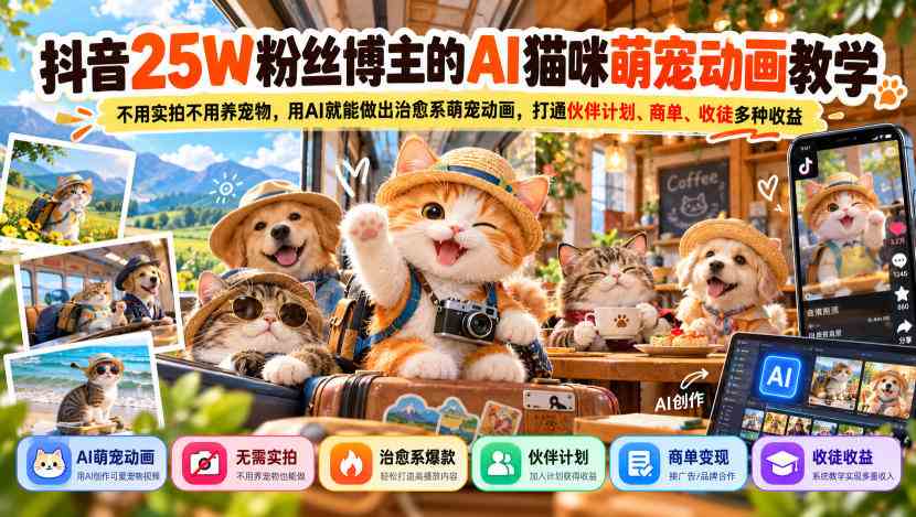 抖音25W粉丝博主的AI猫咪萌宠动画教学,不用实拍不用养宠物,用AI就能做出治愈系萌宠动画,打通伙伴计划、商单、收徒多种收益-毅衡部落