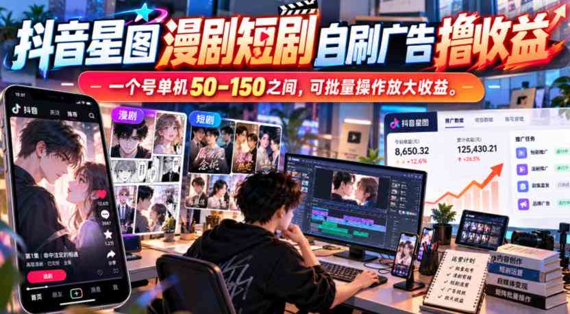 抖音星图漫剧短剧自刷广告撸收益,一个号单机50-150之间,可批量操作放大收益-毅衡部落