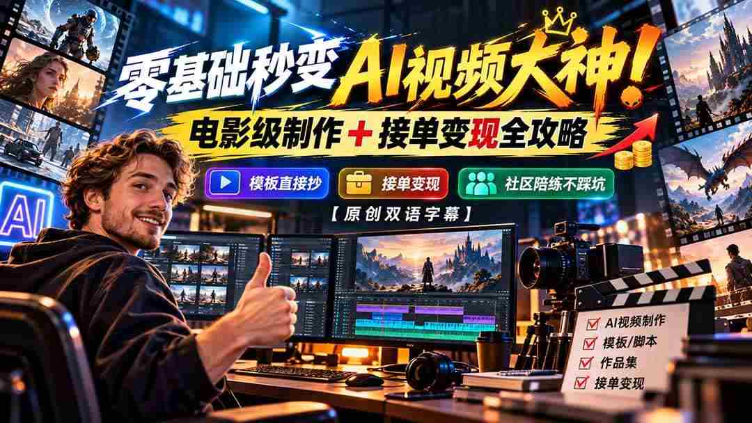 (20897期)零基础秒变AI视频大神!电影级制作 + 接单变现全攻略,模板直接抄,社区陪练不踩坑【原创双语字幕】-毅衡部落