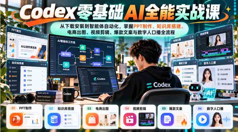 20261011032324-6acb012cc159e.jpg Codex零基础AI全能实战课:从下载安装到智能体自动化,掌握知识库搭建、电商出图、视频剪辑、爆款文案与数字人口播全流程