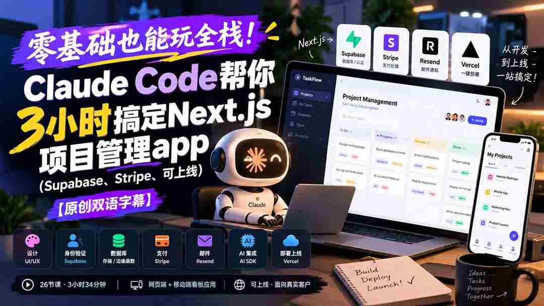 (20907期)零基础也能玩全栈!Claude Code帮你3小时搞定Next.js项目管理app(Supabase、Stripe、可上线)【原创双语字幕】-毅衡部落
