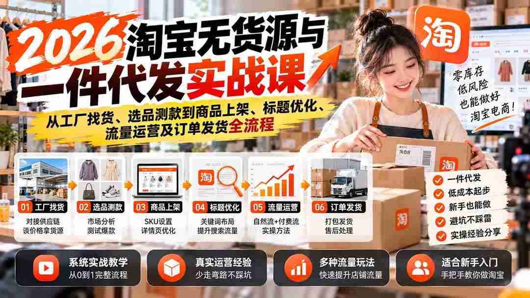 (20903期)2026淘宝无货源与一件代发实战课:从工厂找货、选品测款到商品上架、标题优化、流量运营及订单发货全流程-毅衡部落