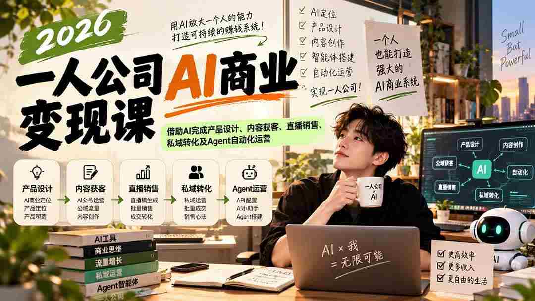 20261011103643-6acb66bb9ef7c.jpg (20901期)2026一人公司AI商业变现课:借助AI完成产品设计、内容获客、直播销售、私域转化及Agent自动化运营