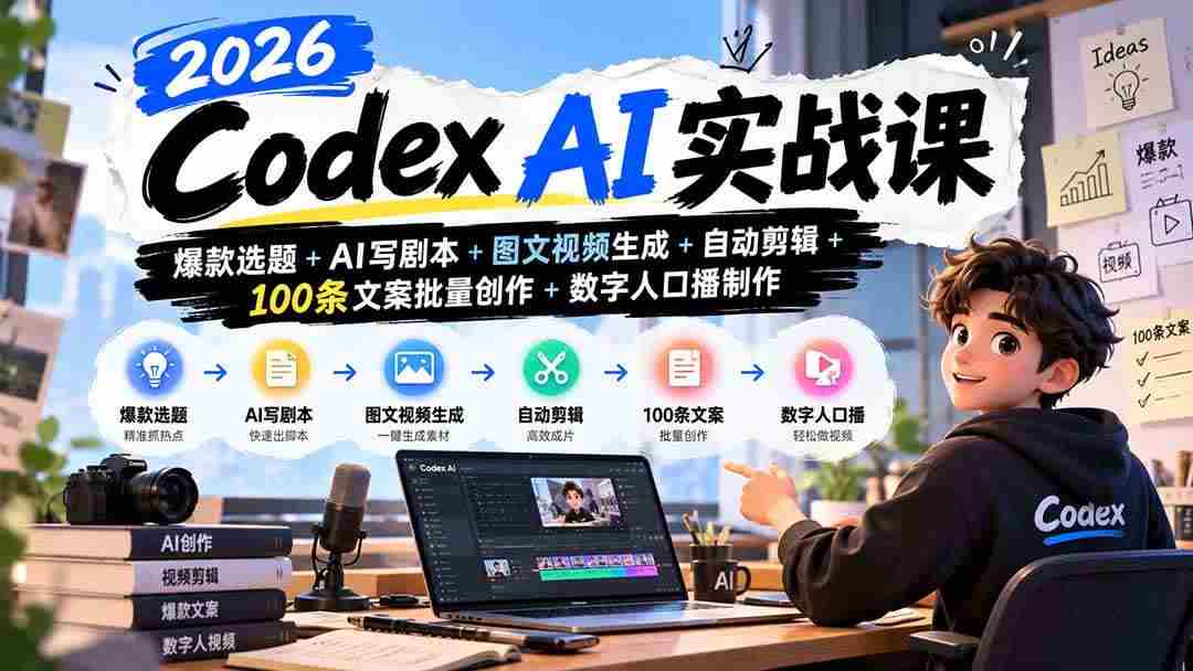 20261011103644-6acb66bc9b455.jpg (20899期)2026Codex AI实战课:爆款选题+AI写剧本+图文视频生成+自动剪辑+100条文案批量创作+数字人口播制作