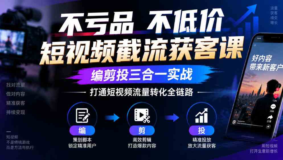 不亏品不低价短视频截流获客课,编剪投三合一实战,打通短视频流量转化全链路-毅衡部落