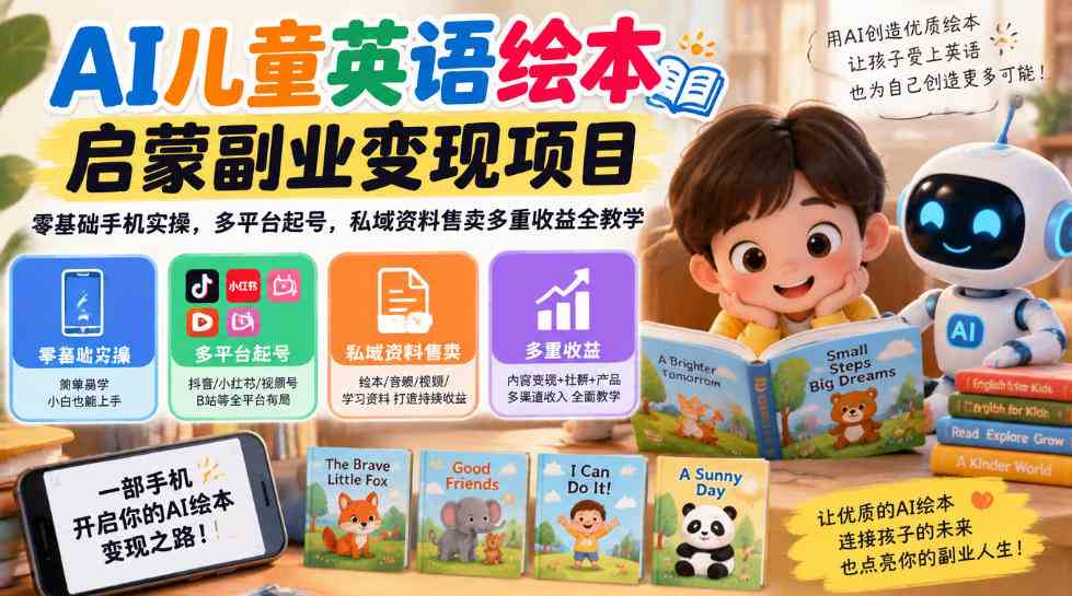AI儿童英语绘本启蒙副业变现项目,零基础手机实操,多平台起号,私域资料售卖多重收益全教学-毅衡部落