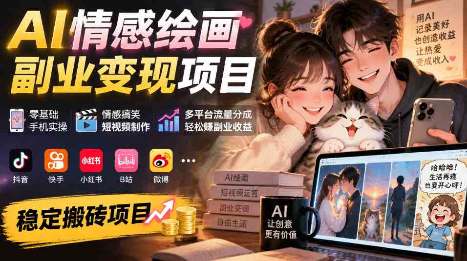 20261011130011-6acb885bf06d6.jpg AI情感绘画副业变现项目|零基础手机实操,情感搞笑短视频制作,多平台流量分成轻松賺副业收益