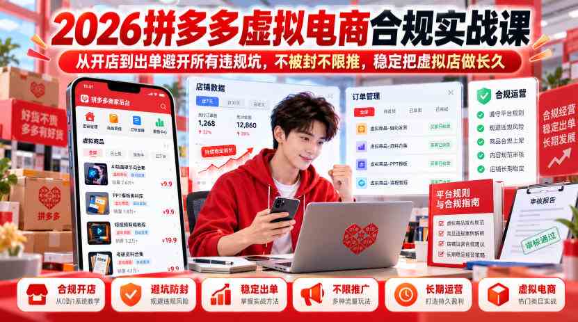 20261011130013-6acb885d0c989.jpg 2026拼多多虚拟电商合规实战课,从开店到出单避开所有违规坑,不被封不限推,稳定把虚拟店做长久