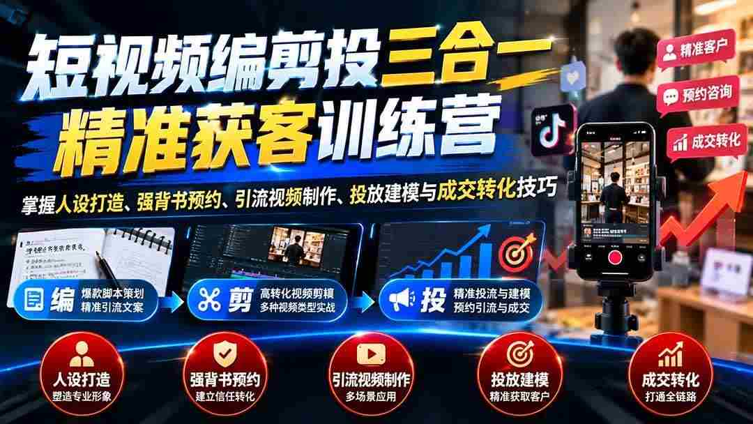 20261012025034-6acc4afa0e9fc.jpg (20910期)短视频编剪投三合一精准获客训练营:掌握人设打造、强背书预约、引流视频制作、投放建模与成交转化技巧