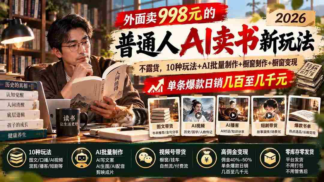 20261012025034-6acc4afaa6af1.jpg (20909期)外面卖998元的2026普通人AI卖书新玩法:不露脸、不囤货,10种玩法+AI批量制作+橱窗变现,单条爆款日销几百至几千元