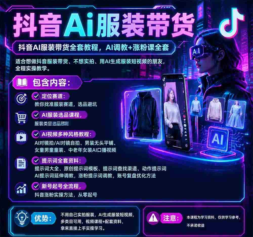 20261014183400-6acfcb18929c5.jpg (20960期)不用真人出镜的抖音AI服装带货课:AI对镜自拍、童装男装女装视频制作、起号涨粉,附提示词大全与调教模板