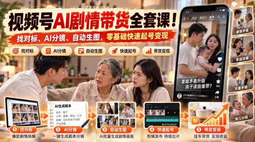 20261021020042-6ad81cca94076.jpg 视频号AI剧情带货全套课!找对标、AI分镜、自动生图,零基础快速起号变现