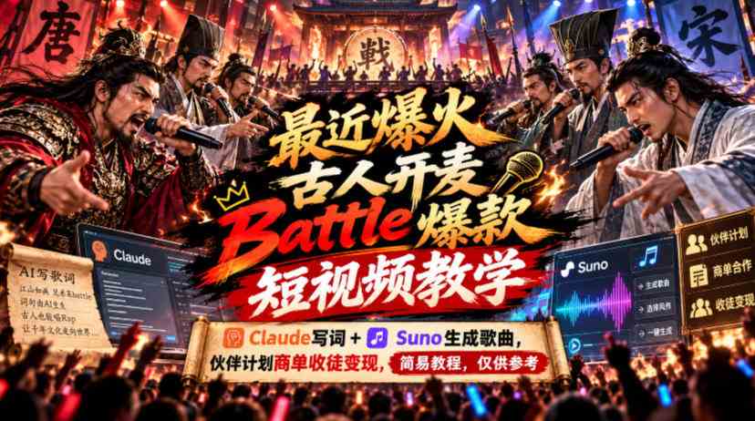 20261021020057-6ad81cd9c2401.jpg 最近爆火古人开麦Battle爆款短视频教学,Claude写词+Suno生成歌曲,伙伴计划商单收徒变现,简易教程,仅供参考