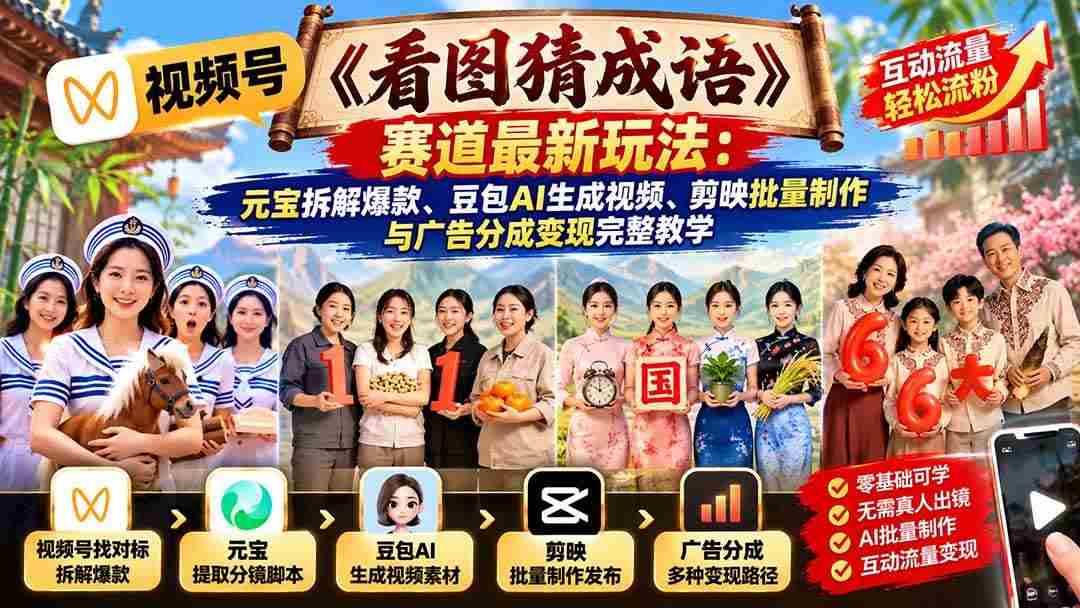 20261021020145-6ad81d09849df.jpg (21060期)视频号《看图猜成语》赛道最新玩法:元宝拆解爆款、豆包AI生成视频、剪映批量制作与广告分成变现完整教学