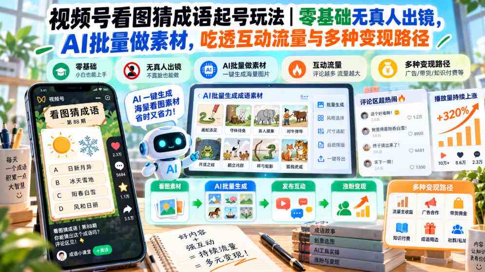 20261021031012-6ad82d1449226.jpg 视频号看图猜成语起号玩法|零基础无真人出镜,AI批量做素材,吃透互动流量与多种变现路径