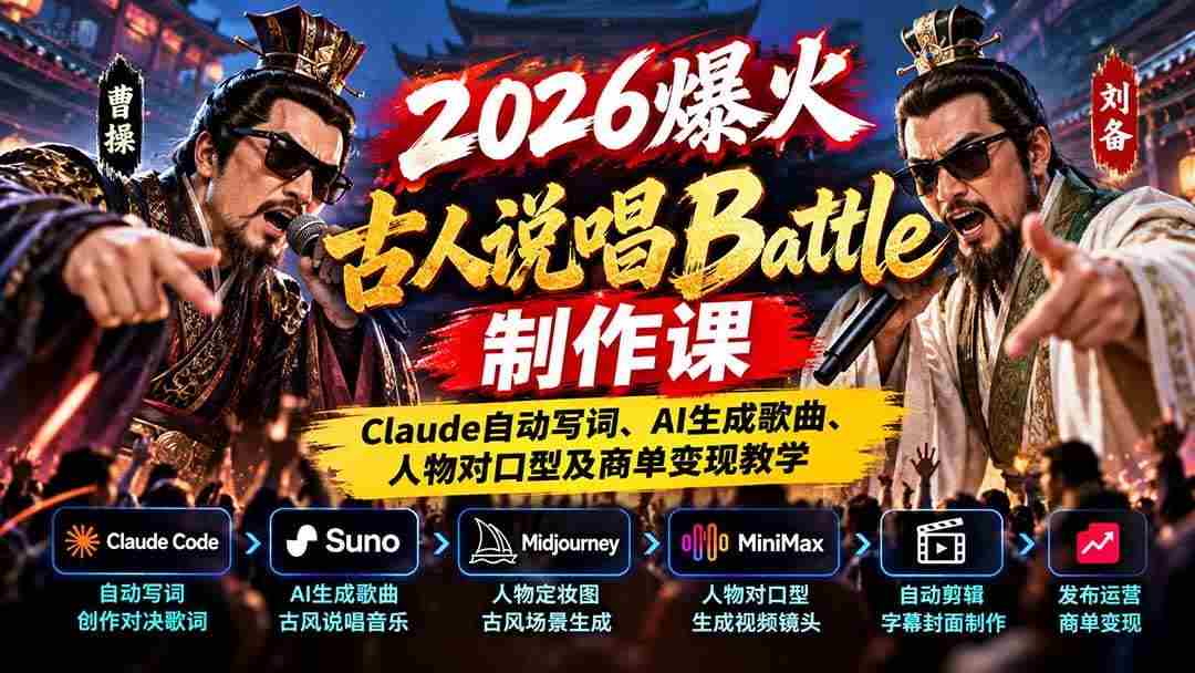 20261021031100-6ad82d44c1088.jpg (21059期)2026爆火古人说唱Battle制作课:Claude自动写词、AI生成歌曲、人物对口型及商单变现教学